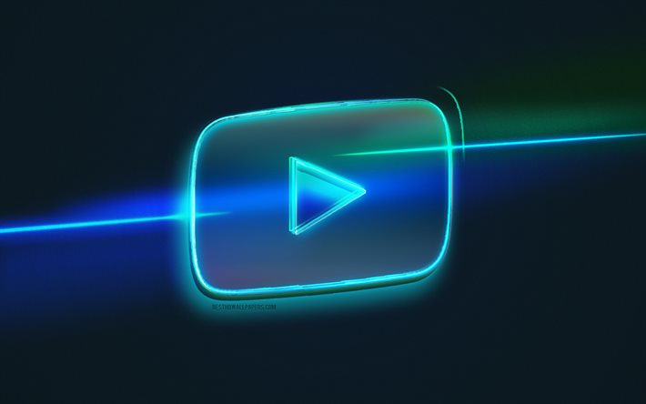 ユーチューブ  ロゴ, ライトアート, Youtubeエンブレム, 青い光の線の背景, Youtubeネオンロゴ, クリエイティブアート, Youtube