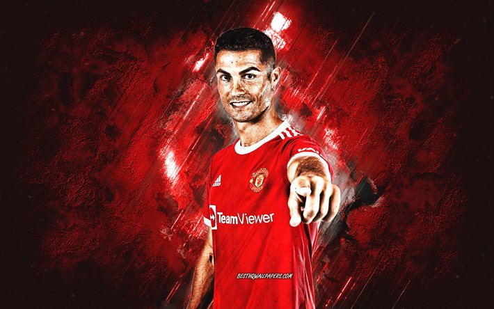 Cristiano Ronaldo, Manchester United FC, portrait de Ronaldo, CR7, fond de pierre rouge, art CR7, art de Cristiano Ronaldo, Angleterre, football