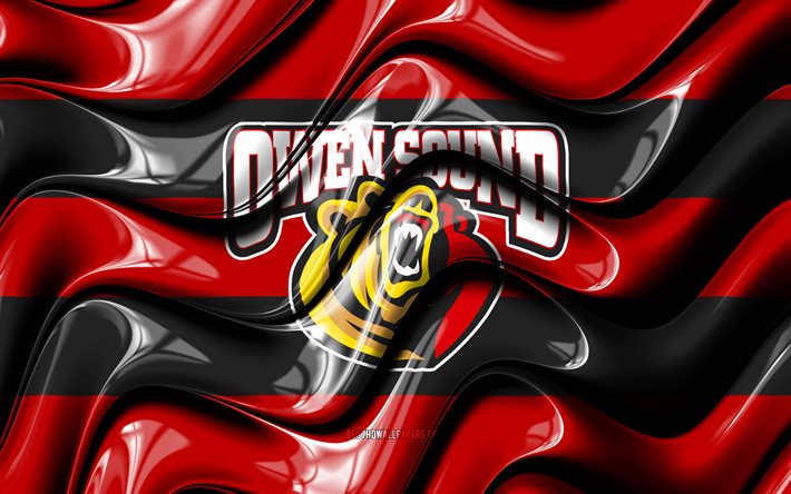 Bandiera Owen Sound Attack, 4k, onde 3D rosse e nere, OHL, squadra di hockey canadese, logo Owen Sound Attack, hockey, Owen Sound Attack, Canada