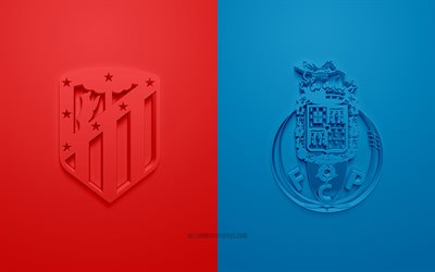 Atletico Madrid vs FC Porto, 2021, UEFA Mestarien liiga, ryhmä B, 3D -logot, punainen sininen tausta, Mestarien liiga, jalkapallo -ottelu, 2021 Mestarien liiga, Atletico Madrid, FC Porto