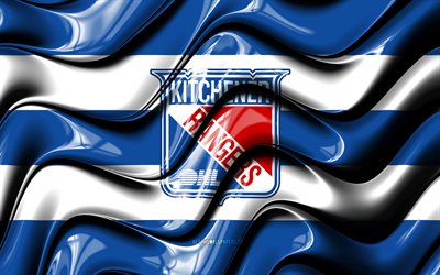 Kitchener Rangers bayrağı, 4k, mavi ve beyaz 3D dalgalar, OHL, Kanada hokey takımı, Kitchener Rangers logosu, hokey, Kitchener Rangers, Kanada