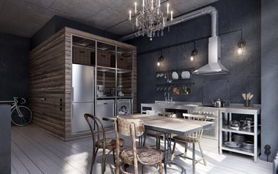 design d'interni elegante, cucina, stile industriale, cucina in stile loft, pareti in cemento nero in cucina, cucina in stile industriale, idea per la cucina