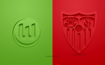 VfL Wolfsburg vs Sevilla FC, 2021, UEFA Champions League, Groupe G, logos 3D, fond rouge vert, Champions League, match de football, 2021 Champions League, VfL Wolfsburg, Sevilla FC