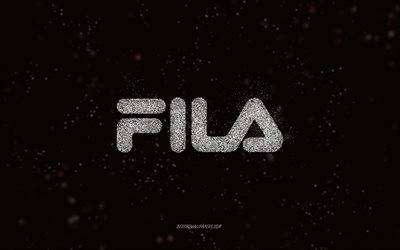 Fila glitter logo, 4k, black background, Fila logo, white glitter art, Fila, creative art, Fila white glitter logo