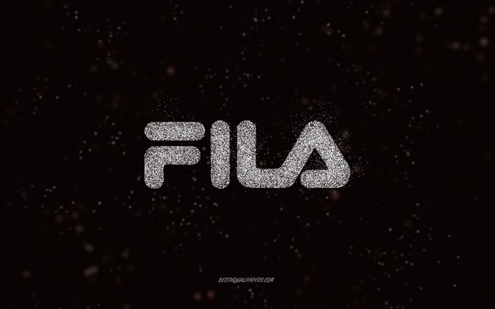 Fila logo glitter, 4k, sfondo nero, logo Fila, bianco glitter art, Fila, creative art, Fila bianco glitter logo