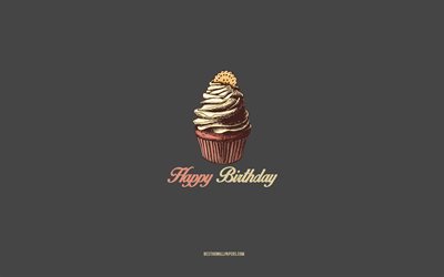 Buon Compleanno, 4k, torta al cioccolato, biglietto di auguri di buon compleanno, mini arte, concetti di buon compleanno, sfondo grigio, torta al cioccolato con biscotti