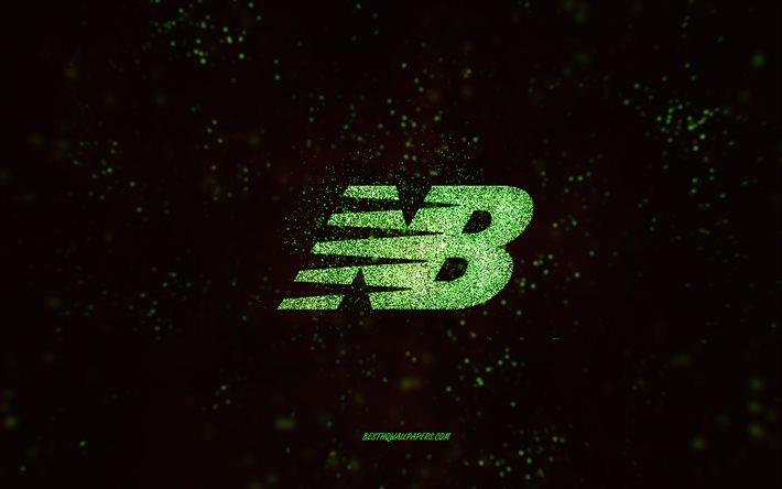 Logotipo com glitter da New Balance, 4k, fundo preto, logotipo da New Balance, arte com glitter verde, New Balance, arte criativa, logotipo com glitter verde da New Balance