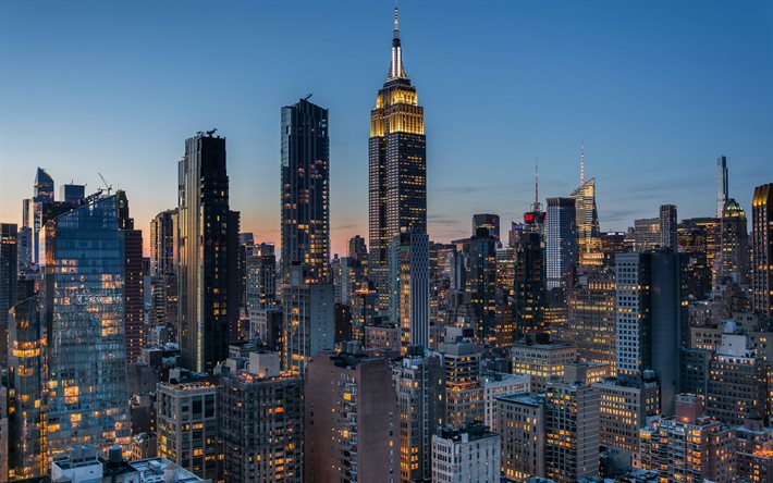 New York, gratte-ciel, soir&#233;e, coucher de soleil, Manhattan, New York City, Empire State Building, paysage urbain de New York, gratte-ciel de New York, &#201;tats-Unis