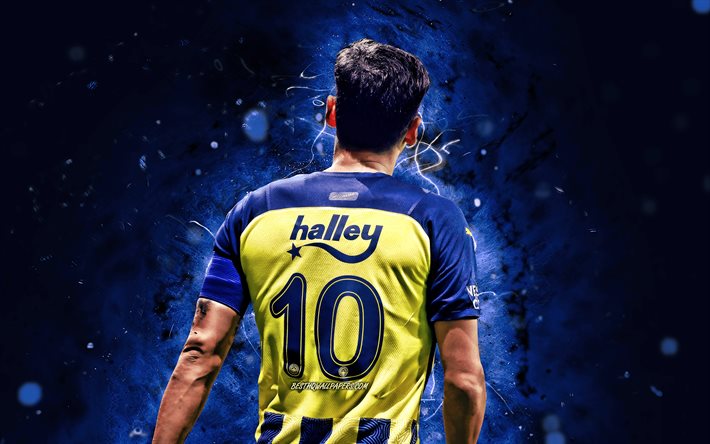 Mesut Ozil, back view, Fenerbahce FC, 4k, Turkish Super Lig, german footballers, soccer, blue neon lights, Fenerbahce SK, Mesut Ozil Fenerbahce, Mesut Ozil 4K
