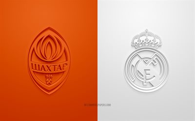 Shakhtar Donetsk x Real Madrid, 2021, UEFA Champions League, Grupo D, logotipos 3D, fundo laranja e branco, Champions League, partida de futebol, 2021 Champions League, Shakhtar Donetsk, Real Madrid