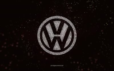 Volkswagen glitter logo, 4k, black background, Volkswagen logo, white glitter art, Volkswagen, creative art, Volkswagen white glitter logo