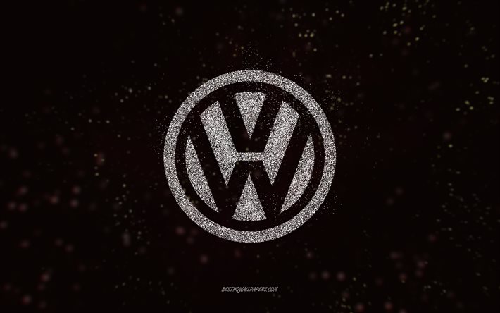 Volkswagen parıltılı logo, 4k, siyah arka plan, Volkswagen logosu, beyaz parıltılı sanat, Volkswagen, yaratıcı sanat, Volkswagen beyaz parıltılı logo
