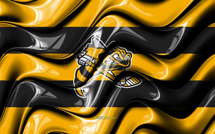 Drapeau Sarnia Sting, 4k, vagues 3D jaunes et noires, OHL, &#233;quipe canadienne de hockey, logo Sarnia Sting, hockey, Sarnia Sting, Canada