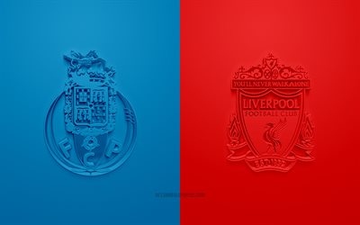 FC Porto vs Liverpool FC, 2021, UEFA Champions League, Grupo B, logotipos 3D, fundo azul vermelho, Champions League, partida de futebol, 2021 Champions League, Liverpool FC, FC Porto