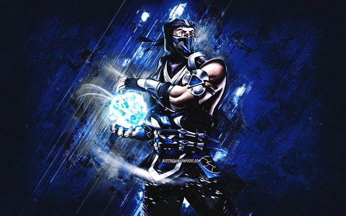 Sub-Zero, Mortal Kombat Mobile, Sub-Zero MK Mobile, Mortal Kombat, mavi taş arka plan, Mortal Kombat Mobile karakterleri, grunge sanatı, Sub-Zero Mortal Kombat