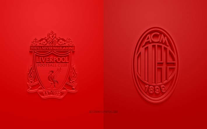 Liverpool FC vs AC Milan, 2021, UEFA Champions League, Grupo B, logotipos 3D, fundo vermelho, Champions League, partida de futebol, 2021 Champions League, Liverpool FC, AC Milan