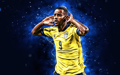 Alexander Isak, 4k, 2021, Sweden National Team, soccer, fan art, footballers, blue neon lights, Swedish football team, Alexander Isak 4K