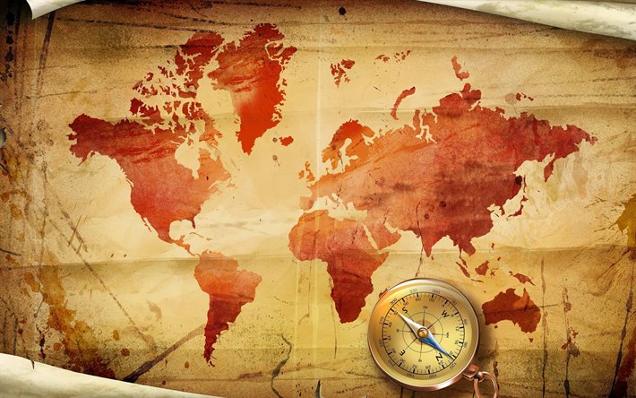 vanha paperi maailmankartta, 4k, kompassi, vanha kartta, maailmankartan k&#228;sitteet, matkak&#228;sitteet, maailmankartat