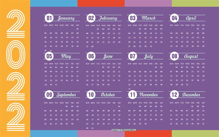 2022 Kalender, 4k, f&#228;rgrik bakgrund, 2022 retro kalender, retro stil, 2022 alla m&#229;naders kalender, 2022 koncept, 2022 &#229;rskalender