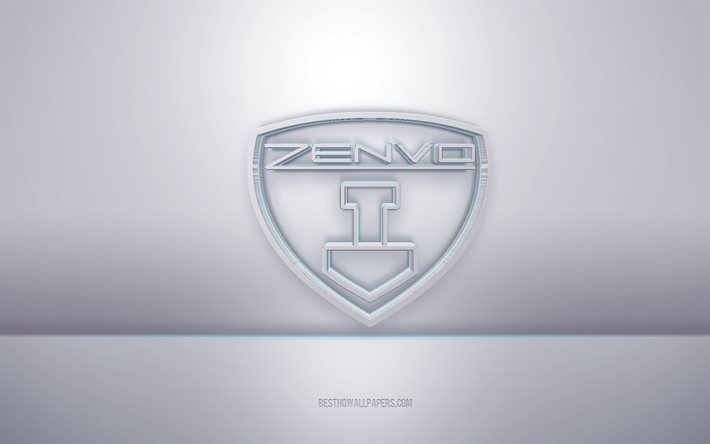 Zenvo 3d logo bianco, sfondo grigio, logo Zenvo, arte creativa 3d, Zenvo, emblema 3d
