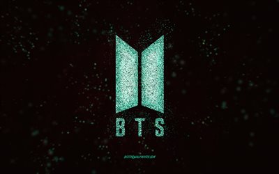 BTS glitter logo, 4k, black background, BTS logo, turquoise glitter art, BTS, creative art, BTS turquoise glitter logo