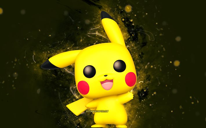 Pikachu, 4K, luzes de n&#233;on amarelas, Pok&#233;mon, obras de arte, roedor gordinho, Pok&#233;mon Lets Go Pikachu, Pok&#233;mon Pikachu