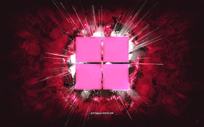 Windows 11 logo, grunge art, Windows, pink stone background, Windows 11 pink logo, Windows 11, creative art, Windows 11 grunge logo, Windows logo
