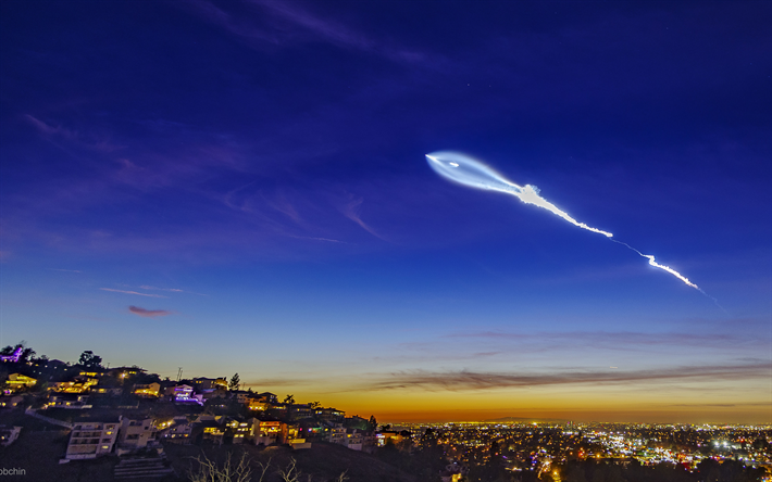 SpaceX Falcon, 4k, la noche, el lanzamiento de cohetes, SpaceX, cohete