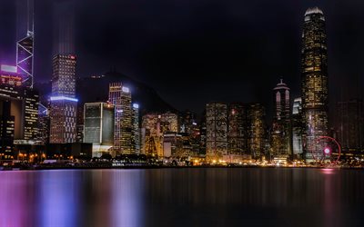 香港, 二つの国際金融センター, 夜, 高層ビル群, 町並み, 夜灯, 中国