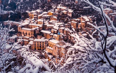 gamla staden, vinter, sn&#246;, Italien, berg