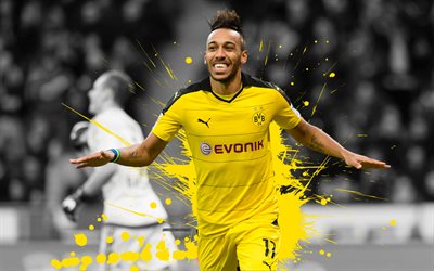 Pierre-Emerick Aubameyang, 4k, Borussia Dortmund, art, grunge, bright yellow splash, Gabon footballer, Germany, Bundesliga