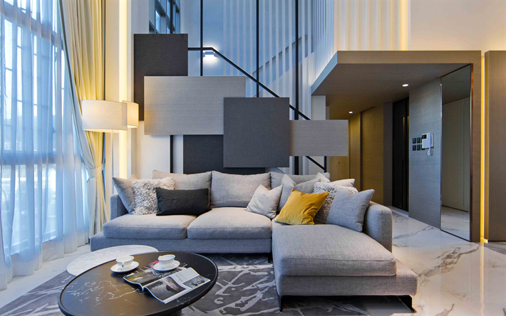 halle, 4k, stilvolles interieur, moderne wohnung, ein sofa, modernes design, innenraum-idee