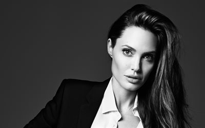 Angelina Jolie, Amerikkalainen n&#228;yttelij&#228;, yksiv&#228;rinen muotokuva, valokuva ampua, kaunis nainen, American star