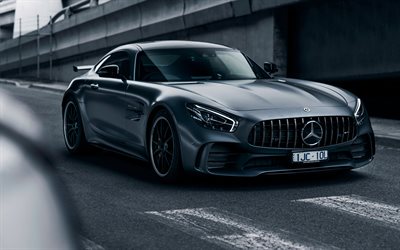 Mercedes-AMG GT R, 2018, supercar, gray sports coupe, tuning, gray matte paint, German cars, 4K, Mercedes