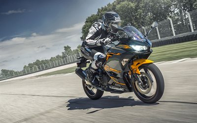 Kawasaki Ninja 400, 2018, sportiva, pista da corsa, velocit&#224;, nero, arancione, moto, Kawasaki