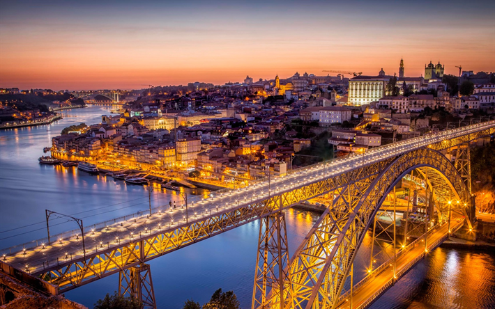 Porto, evening, city lights, city panorama Portugal