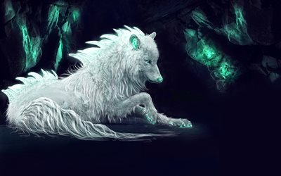 4k, white wolf, rovdjur, grottan, konst, varg