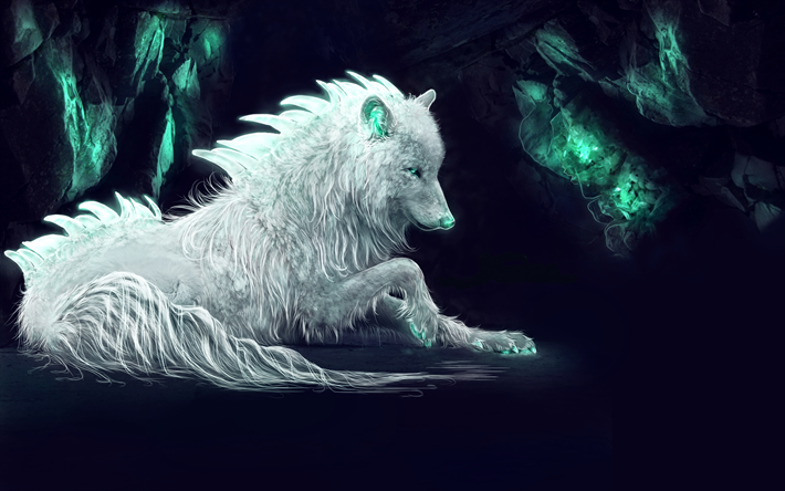 4k, white wolf, predators, cave, art, wolf