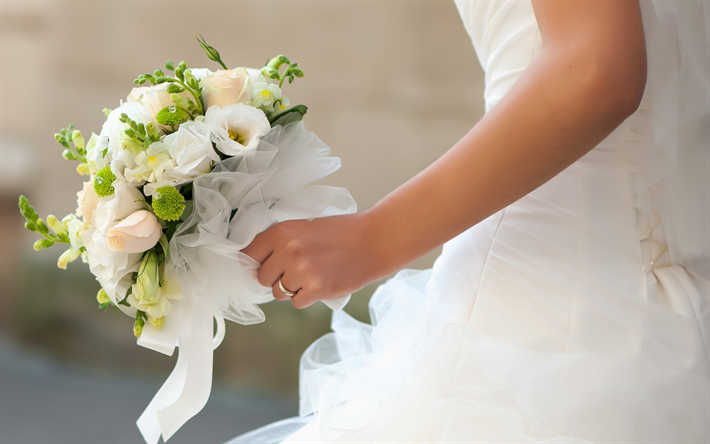 white wedding bouquet, bride, hands, white dress, wedding concepts, bridal bouquet