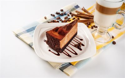 pastel de chocolate, blanco, plato, postre, dulces, pasteles