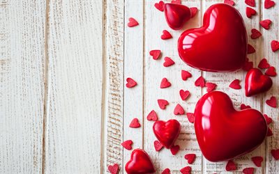 kalpleri, ahşap arka plan, kırmızı kalp, Romantik, Sevgililer G&#252;n&#252;