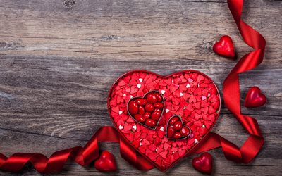 Heureuse saint Valentin, coeur rouge, romantisme, rouge, ruban de soie, fond de bois