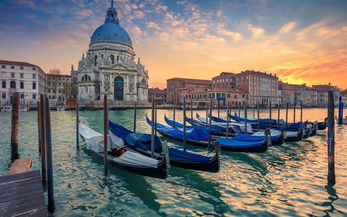 Venecia, puesta de sol, los barcos, Santa Maria della Salute, Gran Canal, Italia
