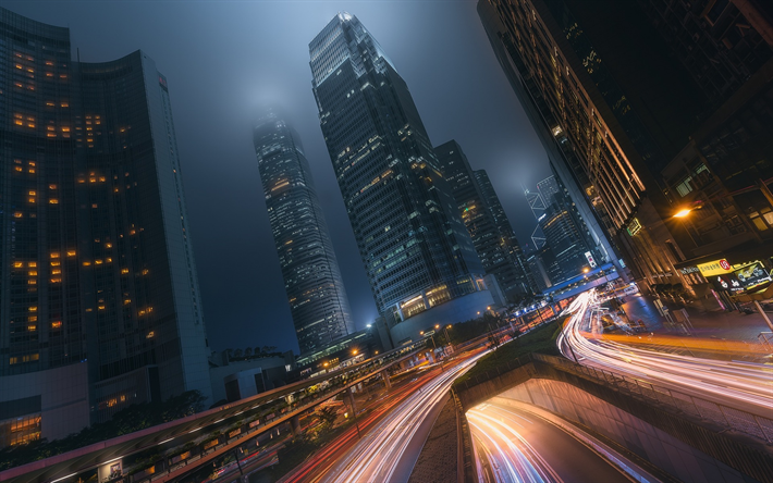 International Finance Centre, Hong Kong, niebla, autopistas, rascacielos, noche, luces de la ciudad, China