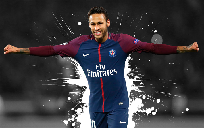 Neymar Jr, 4k, art, grunge, white splash, PSG, France, football, Paris Saint-Germain