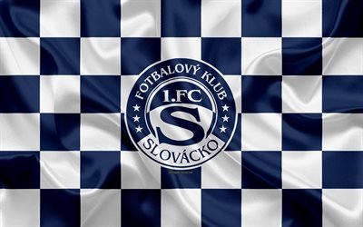 FC Slovacko, 4k, logo, creative art, white blue checkered flag, Czech football club, Czech First League, emblem, silk texture, Uherske Hradiste, Czech Republic, football