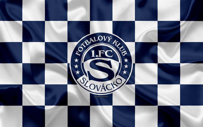 FC Slovacko, 4k, logotipo, arte creativo, blanco azul de la bandera a cuadros, checa club de f&#250;tbol, checa Primero de la Liga, con el emblema de la seda textura, Uherske Hradiste, Rep&#250;blica checa, f&#250;tbol