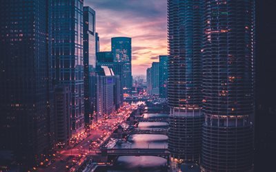 4k, Chicago, sunset, street, modern buildings, USA, America, Chicago in evening, american city