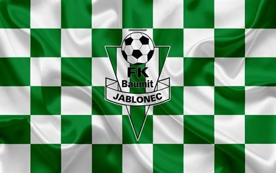FK Jablonec, 4k, logo, creative art, green and white checkered flag, Czech football club, Czech First League, emblem, silk texture, Jablonec nad Nisou, Czech Republic, football