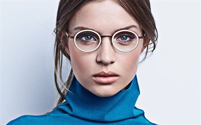 Josephine Skriver, portrait, blue dress, Danish top model, photoshoot, beautiful female eyes, woman with stylish glasses